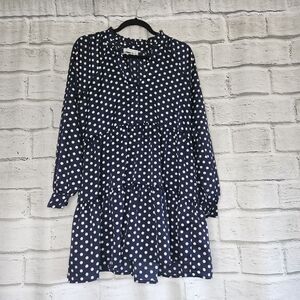 Urban Outfitters Navy Polka Dot Midi Dress Size Small Long Sleeve Ruffle Neck